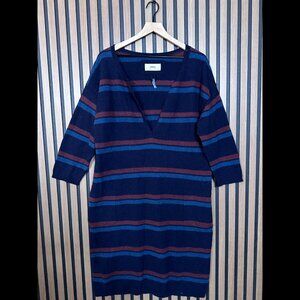 Humanoid Sweater Dress Medium Womens Blue Red Striped 100% Lambswool V Neck